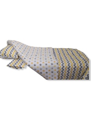 Bebek Özel Pamuklu Bebek/çocuk Yastık Çarşaf Yorgan Seti Sarı Zikzaklı/gri Yıldızlı 60 x 120