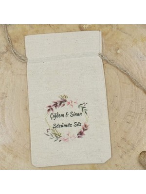 Hayaller Dükkanı 30 Adet Prizma Çiçekli Kişiye Özel Isim Baskılı Keten Kese 9X13 cm Söz Nişan Nikah