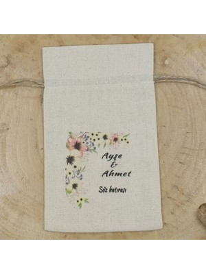 Hayaller Dükkanı 30 Adet Yandan Çiçekli Kişiye Özel Isim Baskılı Keten Kese 9X13 cm Söz Nişan Nikah