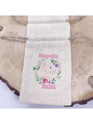 Hayaller Dükkanı 30 Adet Tavşan Tasarım Baskılı Kişiye Özel Isim Baskılı Keten Kese 9X13 cm Bebek Sekeri Malzeme