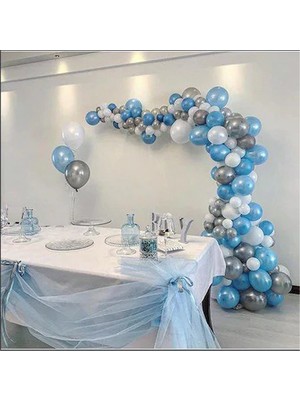 Partylandtr Frozen 75 Adet Metalik Mavi,Gümüş,Beyaz Balon Ve 5 Metre Balon Zinciri, Balon Yapıştırma Bantı