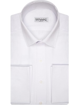 Süvari Slim Fit Armür Desenli Manşetli Beyaz Erkek Gömlek
