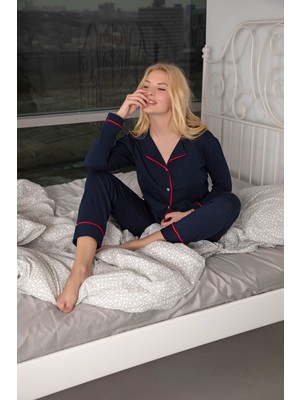 Huq Moda Huq Moda lacivert Ekru Biyeli Pamuklu Likralı Düğmeli Pijama Takımı - Lacivert
