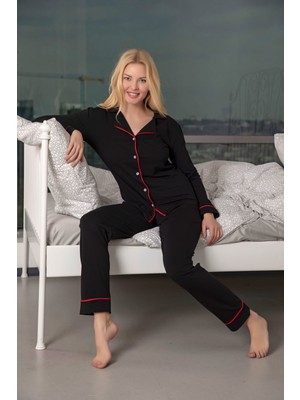 Huq Moda Huq Moda siyah Kırmızı Biyeli Pamuklu Likralı Düğmeli Pijama Takımı - Siyah