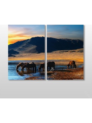 Technopa Atlar ve Göl Manzarası Kanvas Tablo 40 x 30 cm