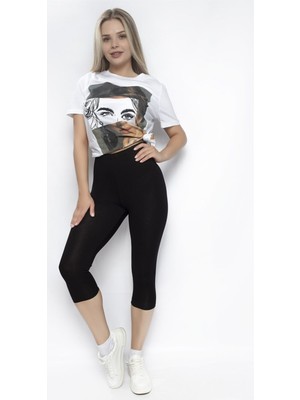Kolcu Kadın Siyah Elastan Kapri Xxl Beden Tayt WR1296