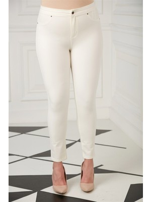 Rmg Cep Detaylı Büyük Beden Pamuk Pantolon Ekru