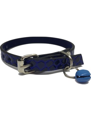 Elite Saks Mavisi Kendinden Desenli Zilli Deri Kedi Tasması Mavi