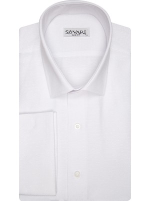 Süvari Slim Fit Armür Desenli Manşetli Beyaz Erkek Gömlek