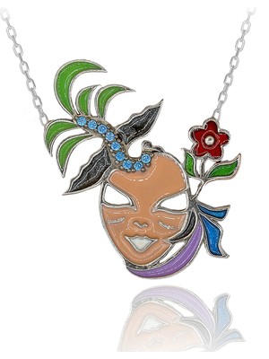Akua Taşlı Renkli Mineli Çiçekli Maske Gümüş Kolye