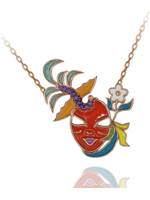 Ametist Taşlı Renkli Mineli Çiçekli Maske Gümüş Kolye