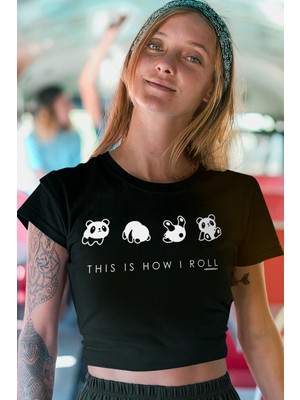 Rock&Roll Panda Taklası Siyah Kısa, Kesik Crop Top Kadın Tişört