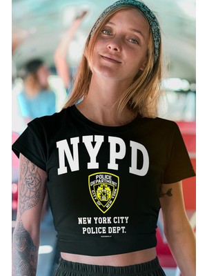 Rock&Roll Nypd Siyah Kısa, Kesik Crop Top Kadın Tişört