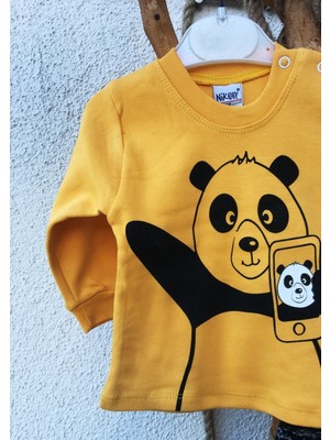 Bebedonat Selfi Çeken Panda Motifli Sarı Ikili Elbise Takımı