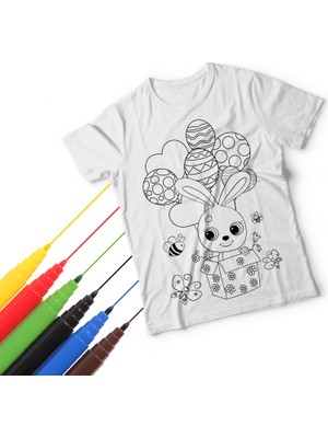 T-Moni Design Boyanabilir Sevimli Tavşan Desenli Kız Çocuk Tişörtü + Faber Castell 6'lı Keçeli Kalem Seti