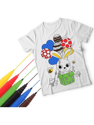 T-Moni Design Boyanabilir Sevimli Tavşan Desenli Kız Çocuk Tişörtü + Faber Castell 6'lı Keçeli Kalem Seti