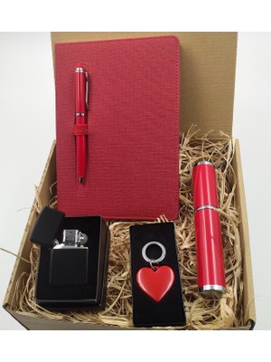 VegaGiftShop Kırmızı Kutulu Kalem & Kırmızı Defter & Zippo Çakmak & Kalp Anahtarlık Set