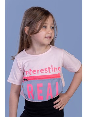 Toontoy Kız Çocuk Crop Model Cebi Reflektör Detaylı Baskılı Tişört