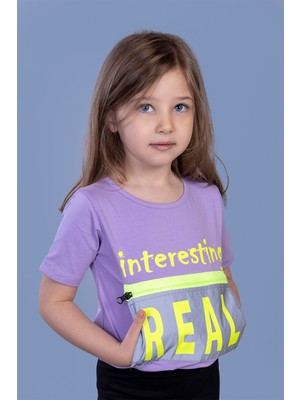 Toontoy Kız Çocuk Crop Model Cebi Reflektör Detaylı Baskılı Tişört