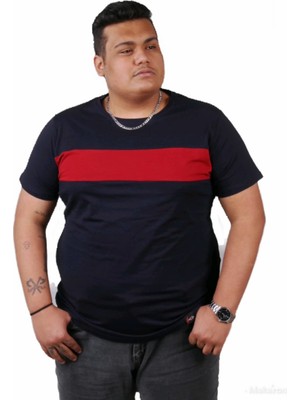 Ekis Büyük Beden Erkek Pamuklu Önü Parçalı Lacivert T-Shirt