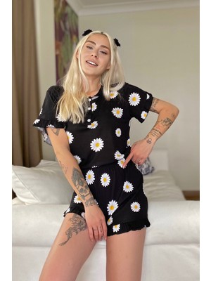 Pijama Evi Papatya Desenli Örme Kısa Kol Şortlu Pijama Takımı