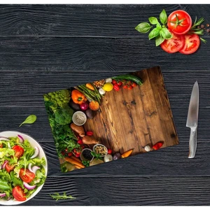 20x30 cm Cam Kesme Tahtası Ahşap ve Sebzeler