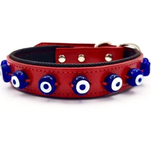Hakiki Deri Nazar Boncuklu Köpek Tasması Koyu Kırmızı 56CM x 2,5cm