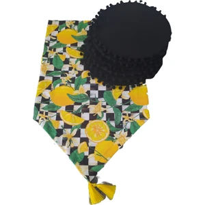 Ponponlu Limon Desenli Runner+6 Adet Siyah Amerikan Servis Supla Seti