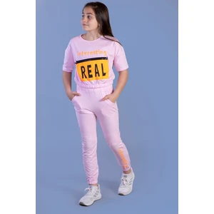 Toontoy Kız Çocuk Crop Model Cep Detaylı Baskılı Eşofman Takımı