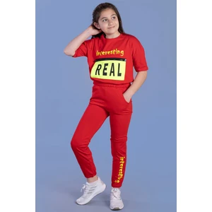 Toontoy Kız Çocuk Crop Model Cep Detaylı Baskılı Eşofman Takımı