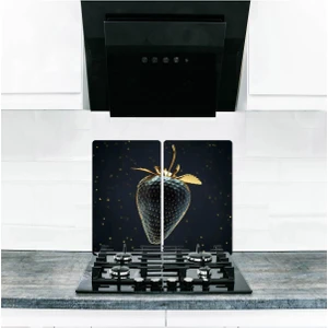 Cam Ocak Koruyucu ve Kesim Tablası Altın Çilek 60 x 52 cm 2 Parça 4'lü Ocaklar