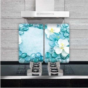 Cam Ocak Koruyucu ve Kesim Tablası Mavi Taşlar 80 x 52 cm 2 Parça 5'li Ocaklar