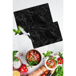 2'li Takım Siyah Mermer Desen Görünümlü Takım Cam Kesme Tahtası - Cam Kesim Tablası