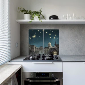 Cam Ocak Koruyucu ve Kesim Tablası Kedi 60 x 52 cm 2 Parça 4'lü Ocaklar