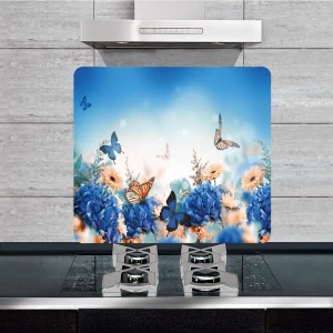 Dekoratif Cam Ocak Arkası Koruyucu ve Kesme Tahtası Kelebek 50 x 56 cm Tek Parça