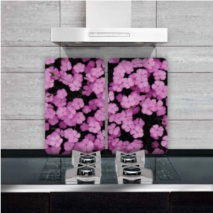 Cam Ocak Koruyucu ve Kesim Tablası Çoklu Mor Çiçekler   80 x 52 cm 2 Parça 5'li Ocaklar