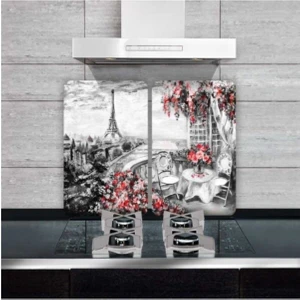 Dekoratif Cam Ocak Koruyucu ve Kesim Tahtası Paris 60 x 52 cm 2 Parça 4'lü Ocaklar