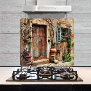 Dekoratif Cam Ocak Arkası Koruyucu ve Kesme Tahtası Taş Ev 50 x 56 cm Tek Parça