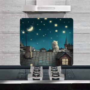 Dekoratif Cam Ocak Arkası Koruyucu ve Kesme Tahtası Kedi 50 x 56 cm Tek Parça