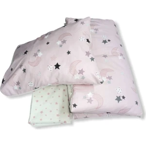Bebek Özel Pamuk Bebek/Çocuk Yastık Çarşaf Yorgan Seti  Pembe Hilal/pembe Yıldızlı