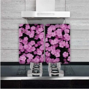 Dekoratif Cam Ocak Koruyucu ve Kesim Tahtası Çoklu Mor Çiçekler 60 x 52 cm2 Parça 4'lü Ocaklar