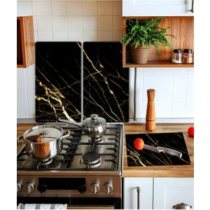 Takım Halinde Sarı Altın Mermer 20 x 30 cm. Kesme Tablası ve 60 x 52 cm. Cam Ocak Koruyucu 4'lü Ocaklar