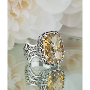 Filigran Silver 925 Ayar Gümüş El Tasarımı Telkari Sanatı Doğal Citrine (Sitrin) Taşlı Kadın Yüzük