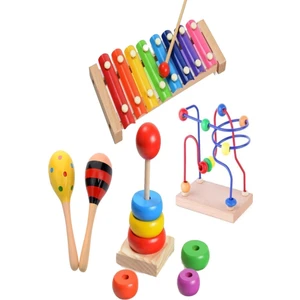 Wooden Toys Ahşap 8 Nota Selefon Ksilofon+ Mini Helezon+ Marakas+ Kule Eğitici Oyuncak Set