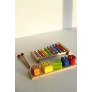 Wooden Toys Ahşap Ksilofon Eğitici Oyuncak + Geometrik Şekilli 5'li Geçmeli Oyuncak Puzzle