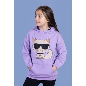 Toontoy Kız Çocuk Kedi Desenli Taş Işlemeli Kanguru Cepli Sweatshirt