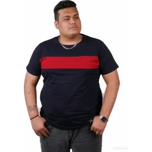 Büyük Beden Erkek Pamuklu Önü Parçalı Lacivert T-Shirt