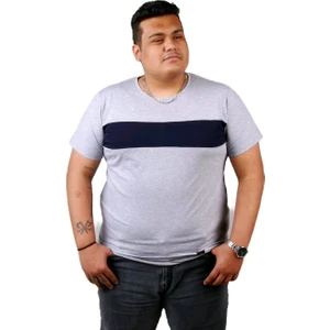 Büyük Beden Erkek Bisiklet Yaka Pamuklu Gri T-Shirt