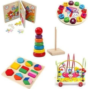 Wooden Toys Ahşap Eğitici 5 Li Set Zeka Algı Oyunları Helezon - Puzzle - Saat - Geometrik