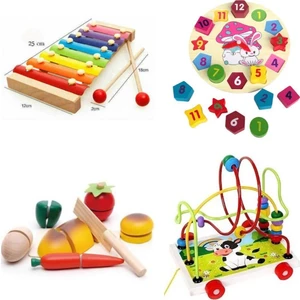 Wooden Ahşap 8 Notalı Selefon + Geometrik Saat + Helezon Oyunu + Meyve Sebze Kesme 4'lü Set